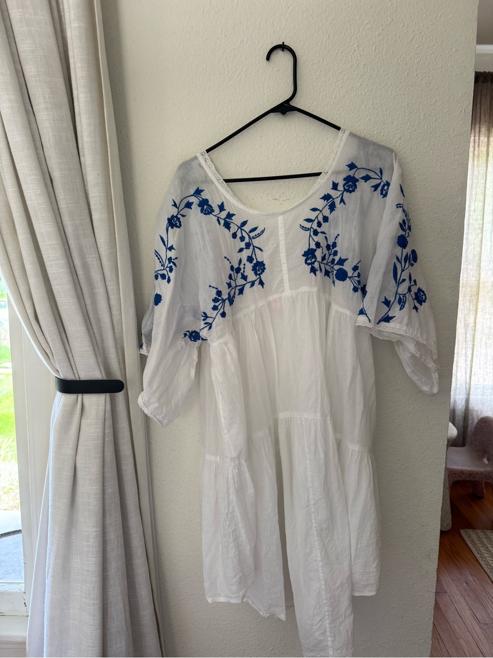 King Csilla White Cotton Peasant Dress with Blue Floral Embroidery